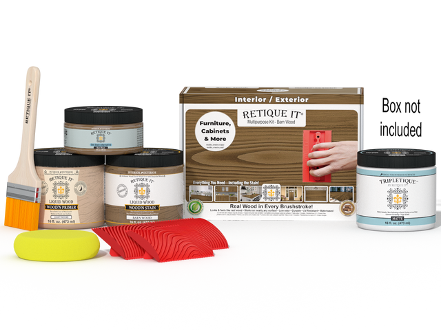 Retique It Wood'n Finish Kit in Barn Wood for interior topcoating, includes wood stain and finish components in a compact box.