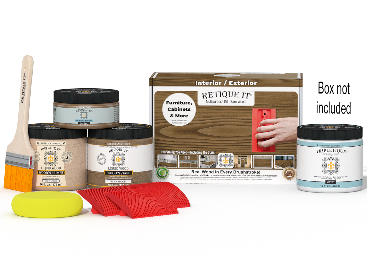 Retique It Wood'n Kit Med Barn Wood interior topcoat with finish tools and supplies in a box for multi-purpose wood finishing projects.