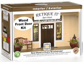 Retique It Wood'n Finish Front Door Kit in Barn Wood stain showing a finished wooden door with barn wood texture and natural grain details.