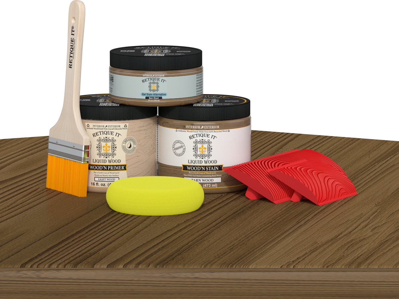 Retique It® Multi-purpose Wood'n Kit in Barn Wood finish, featuring wood finish tools and materials on a table.