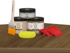 Retique It® Multi-purpose Wood'n Kit in Barn Wood finish, featuring wood finish tools and materials on a table.