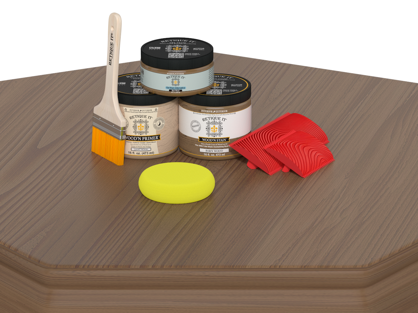 Retique It® Wood'n Finish Kit in Barn Wood, double size stain set for tabletop wood finishing, with wood grain and stain application visible.