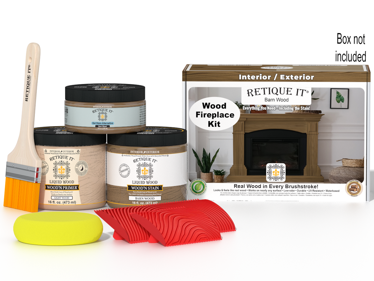 Retique It Fireplace Wood'n Finish Kit in Barn Wood stain, showing a full fireplace with wood finish and staining tools.