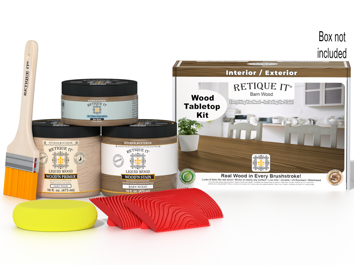 Retique It® Wood'n Finish Kit in Barn Wood for tabletops, includes stain and finishing supplies for a rustic wood look.