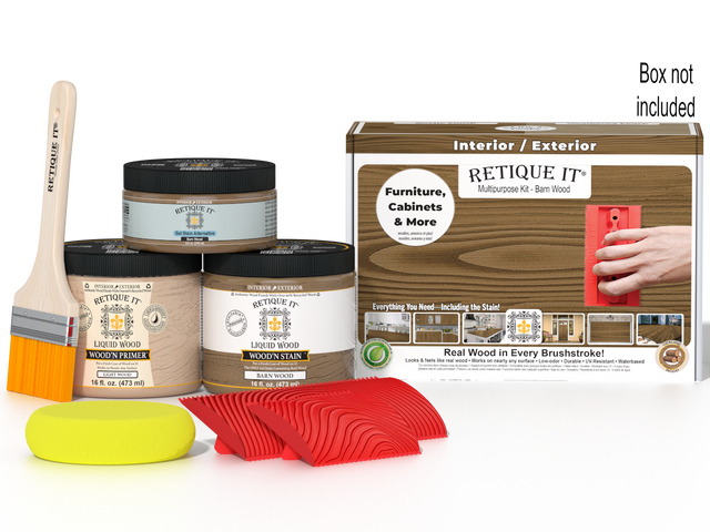 Multi-purpose Wood'n Kit in barn wood finish by Retique It, featuring a box with wood finish tools and supplies for furniture projects.