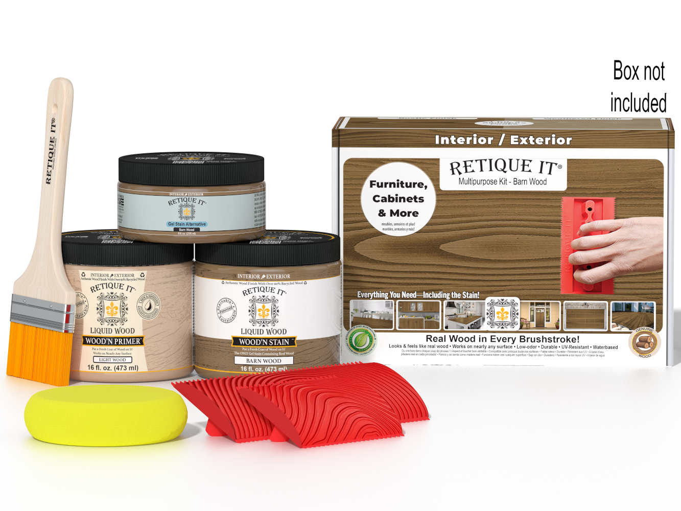 Retique It® Wood'n Finish Kit in Barn Wood for multi-purpose wood finishing, includes tools and supplies in a compact box.