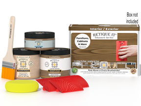 Retique It® Wood'n Finish Kit in Barn Wood for multi-purpose wood finishing, includes tools and supplies in a compact box.