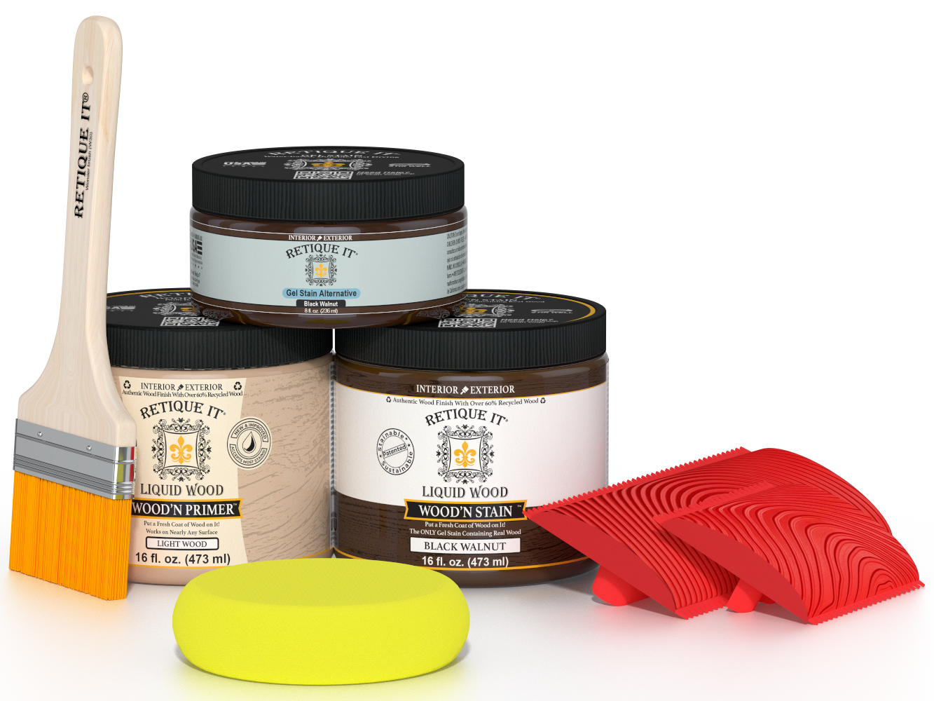 Multi-purpose Wood'n Kit in Black Walnut by Retique It® showing wood finish samples and tools for wood refinishing projects.