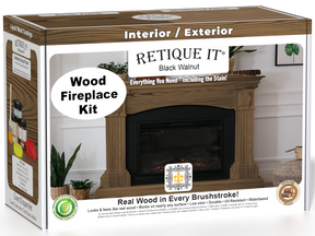 Retique It® Fireplace Wood'n Finish Kit in Black Walnut stain for full fireplaces, featuring stain bottles and application tools.