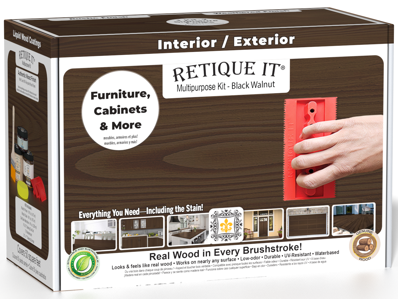 Black Walnut Wood'n Finish Kit by Retique It®, medium-sized multi-purpose wood finishing kit with tools and supplies in a box.