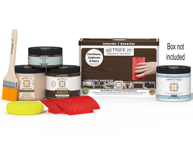 Black Walnut Wood'n Finish Kit by Retique It, interior top coat set with applicator tools and wood finish products in a box.