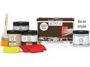 Retique It® Wood'n Finish Kit in Black Walnut for interior wood projects, featuring a top coat and application tools.