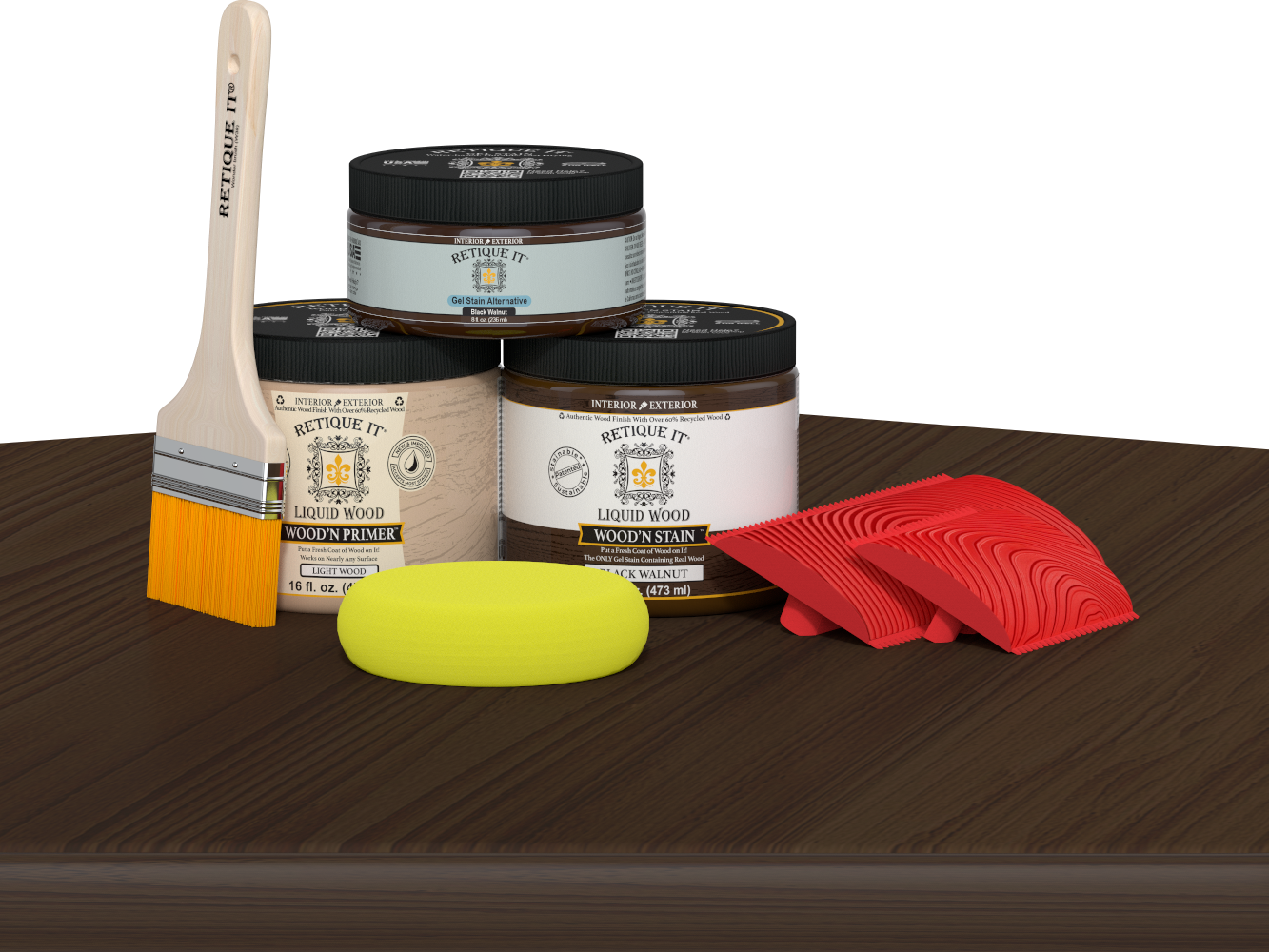 Retique It® Wood'n Finish Kit in Black Walnut, a multi-purpose wood finish kit displayed on a table.