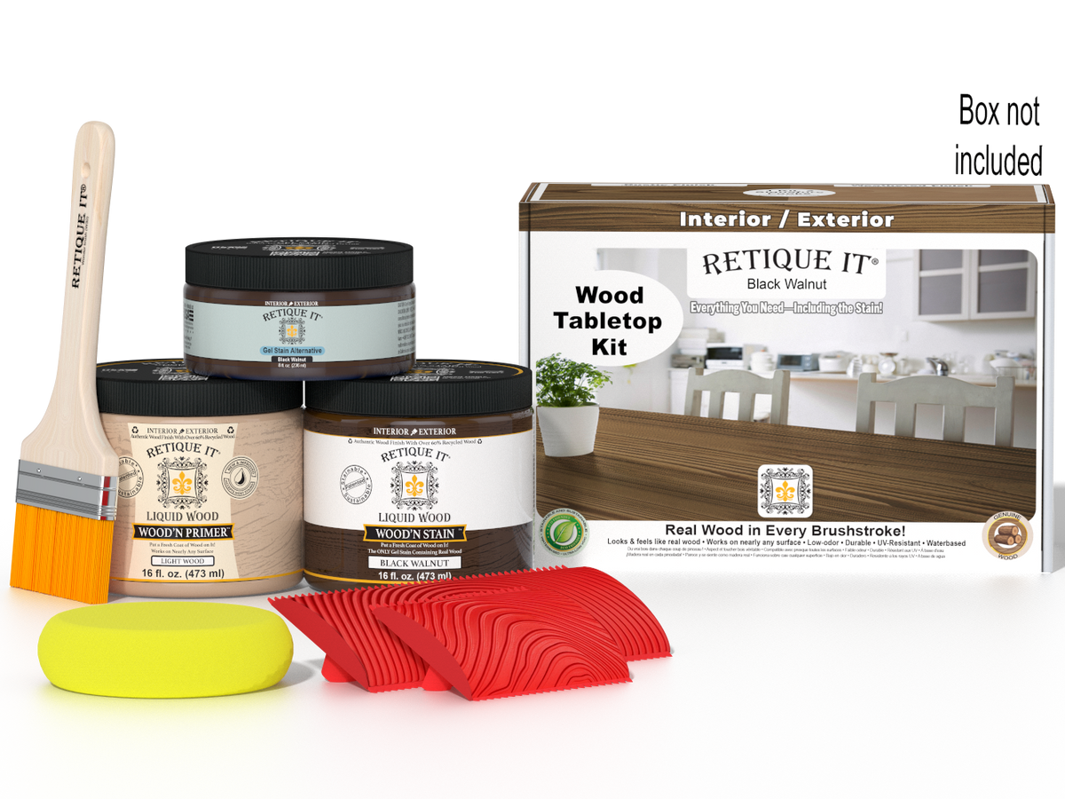 Retique It® Wood'n Finish Kit for tabletops in Black Walnut stain, featuring stain bottles and applicator tools.