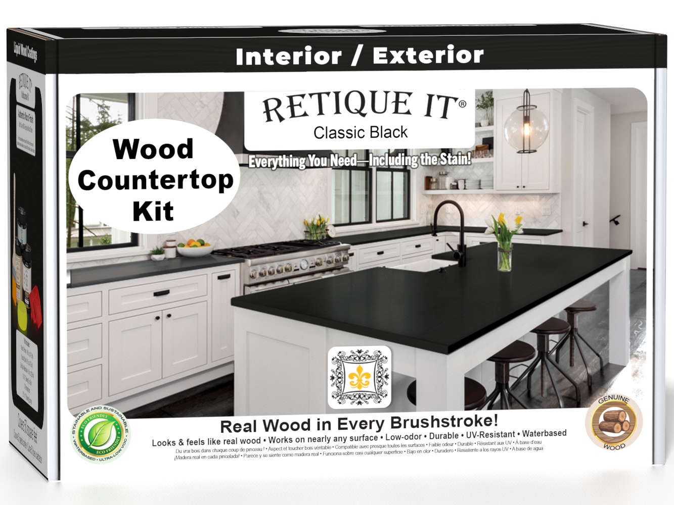 Retique It® black countertop kit for kitchen islands, featuring stain application and a classic black finish on a sturdy surface.