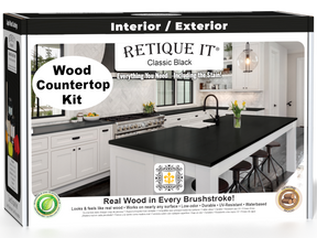 Retique It® black countertop kit for kitchen islands, featuring stain application and a classic black finish on a sturdy surface.