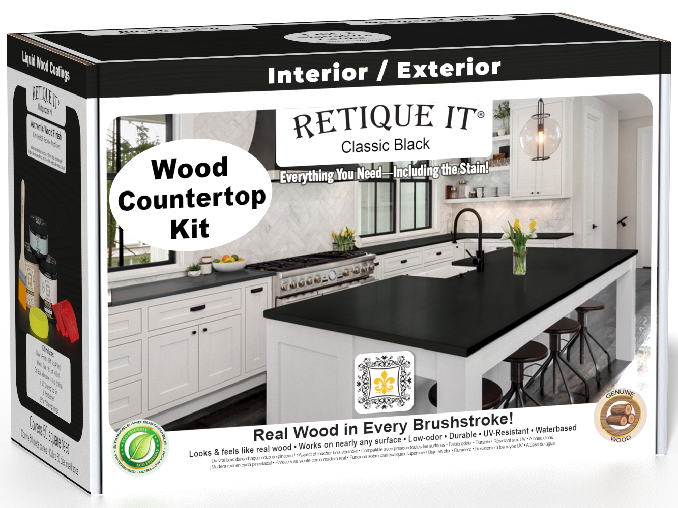 Retique It® kitchen island countertop kit in classic black stain, showcasing a smooth, finished black stained surface on a kitchen island.