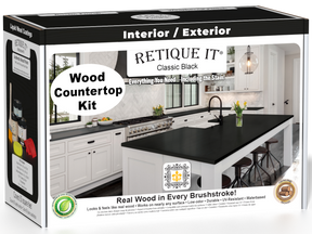 Retique It® kitchen island countertop kit in classic black stain, showcasing a smooth, finished black stained surface on a kitchen island.