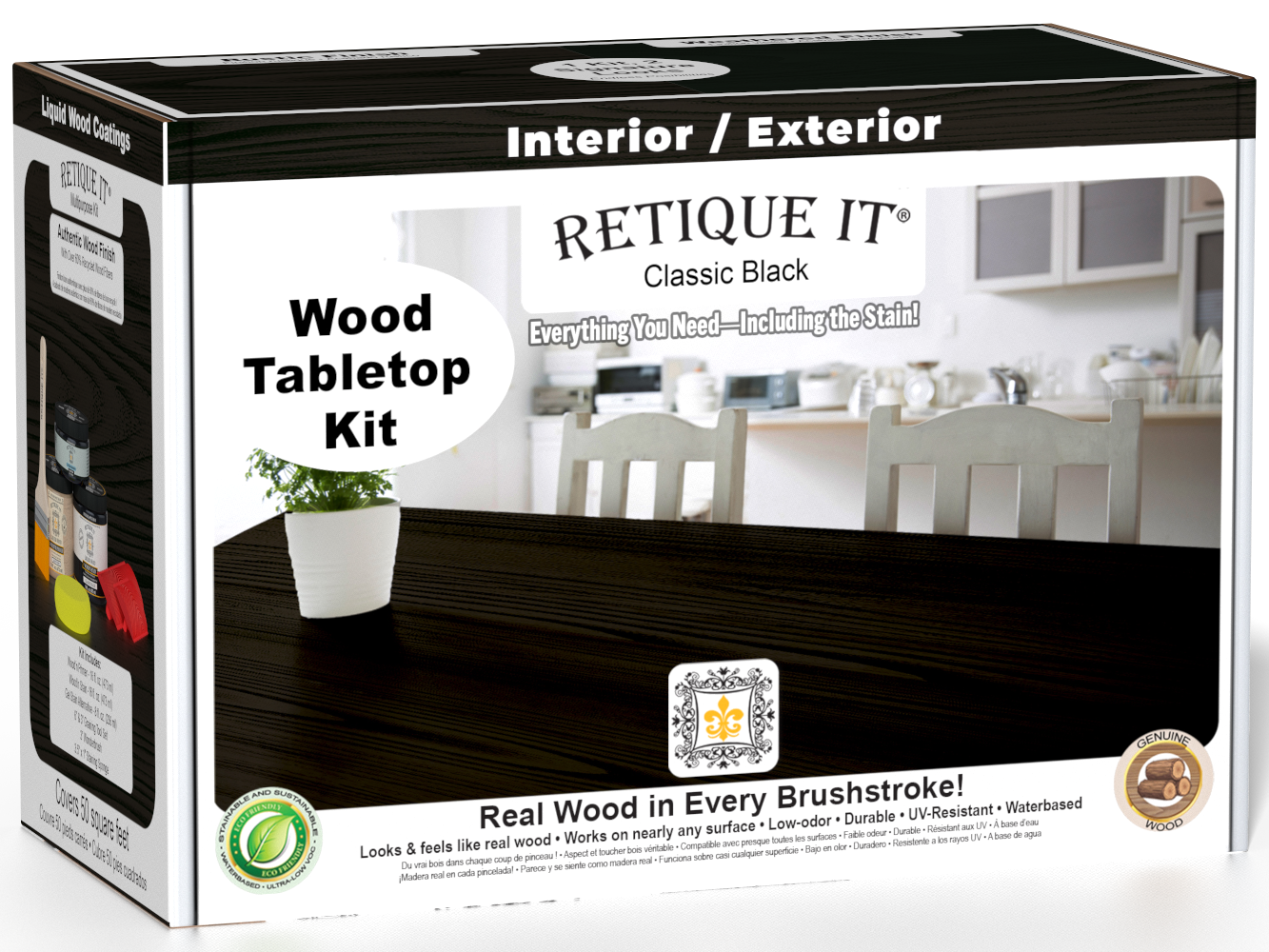 Retique It Wood'n Finish Kit Double Size in Classic Black for staining and finishing wood surfaces, shown in a box with applicator tools.