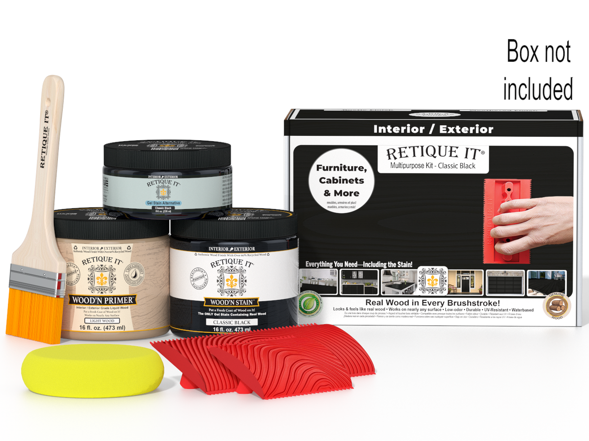 Retique It paint kit with paint cans, brush, sponge, and box on a white background