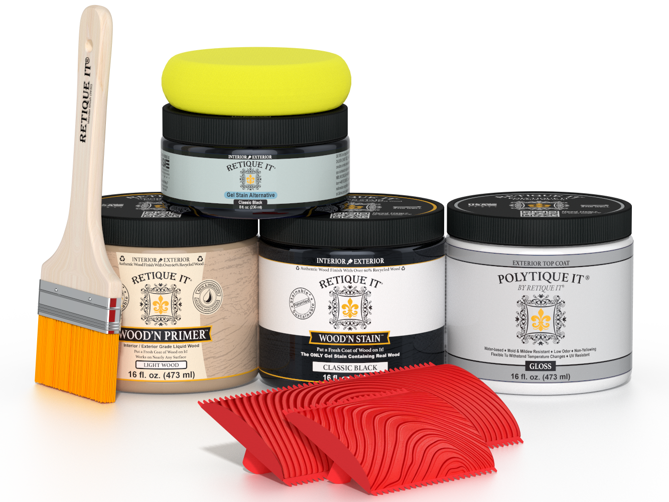Retique It® Wood'n Finish Kit in Classic Black, medium size with exterior top coat, shown in a multi-purpose wood finishing set image.