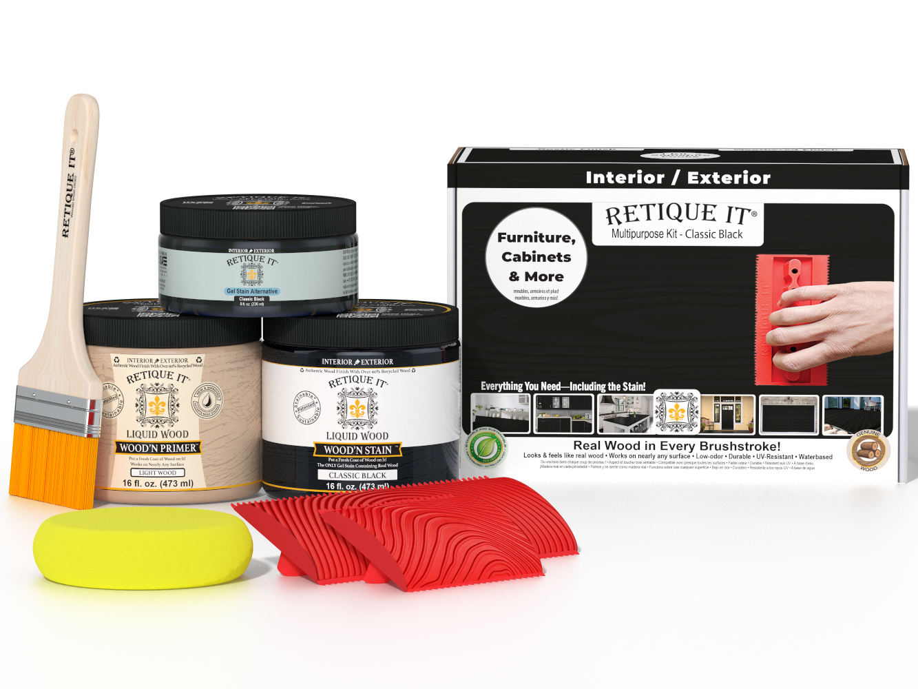 Multi-purpose Wood'n Kit in classic black by Retique It® includes wood finish products in a compact kit for wood projects.