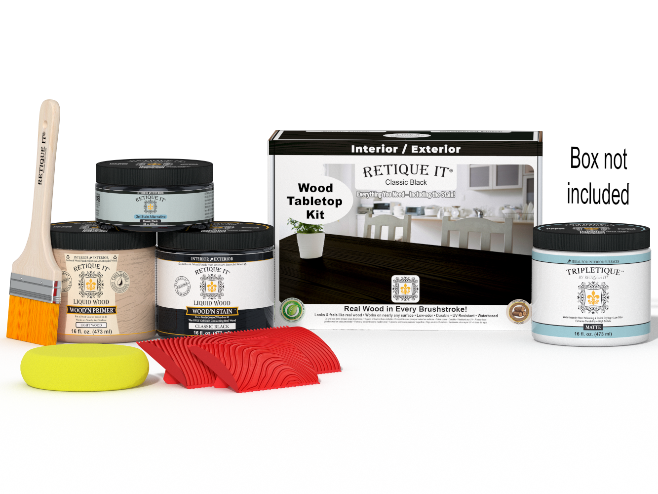 Retique It Wood'n Finish Kit Double Size in Classic Black for tabletops, includes stains and application tools.
