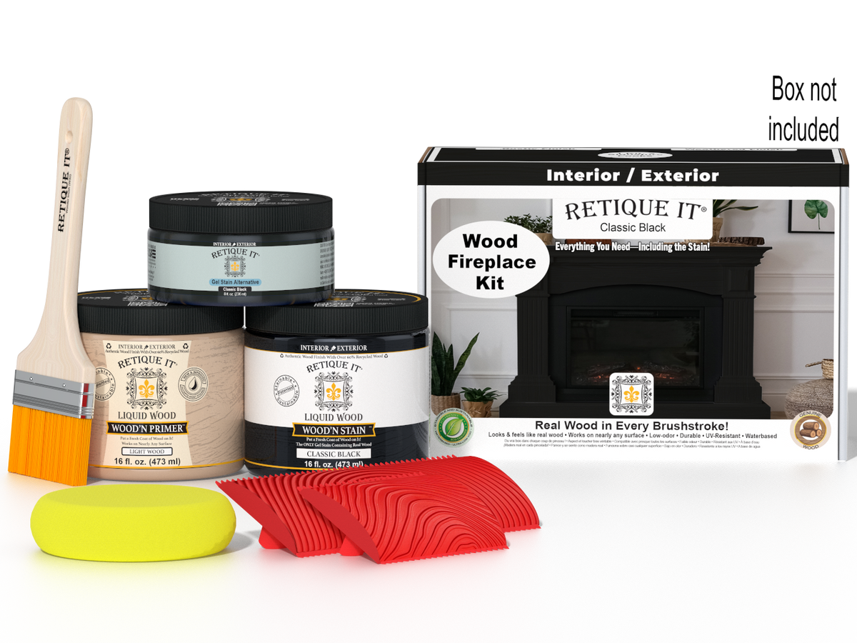 Retique It® Fireplace Wood'n Finish Kit in classic black stain, shown with box, designed for full fireplace wood finishing.