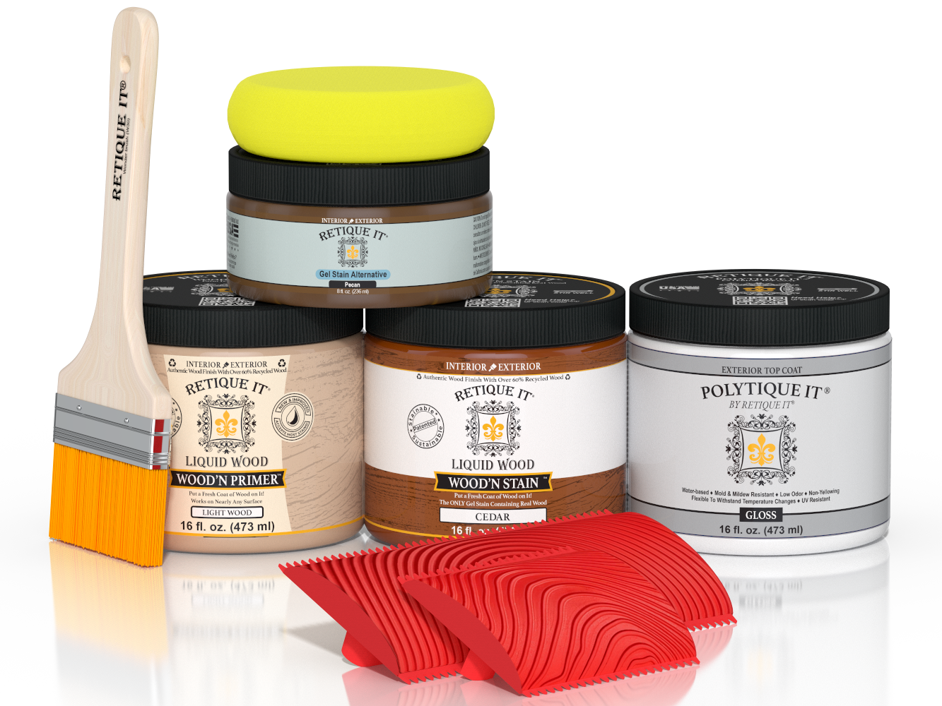 Cedar-colored Multi-purpose Wood'n Kit by Retique It® with gloss top coat for exterior wood finishing, including brushes and accessories.