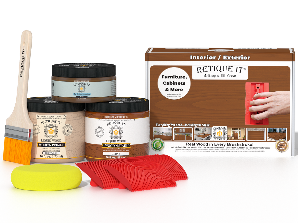 Multi-purpose Wood'n Kit in cedar by Retique It® with wood finish products for versatile wood projects.