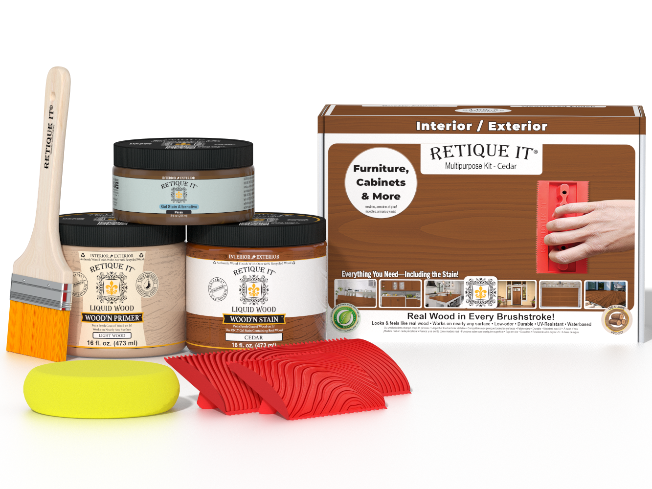 Multi-purpose Cedar Wood'n Finish Kit by Retique It® with various finishing products for wood furniture and projects.
