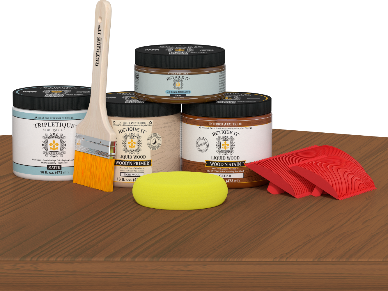 Retique It® Cedar countertop kit for kitchen islands, featuring stain application on a wooden surface.