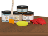 Retique It® Cedar countertop kit for kitchen islands, featuring stain application on a wooden surface.