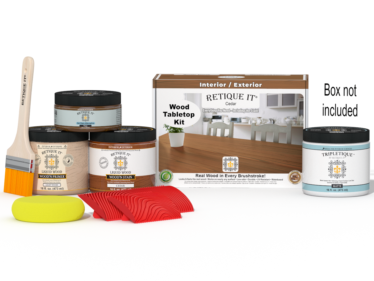 Retique It® Wood'n Finish Kit in cedar for tabletops, featuring stain and finishing products in double size package.
