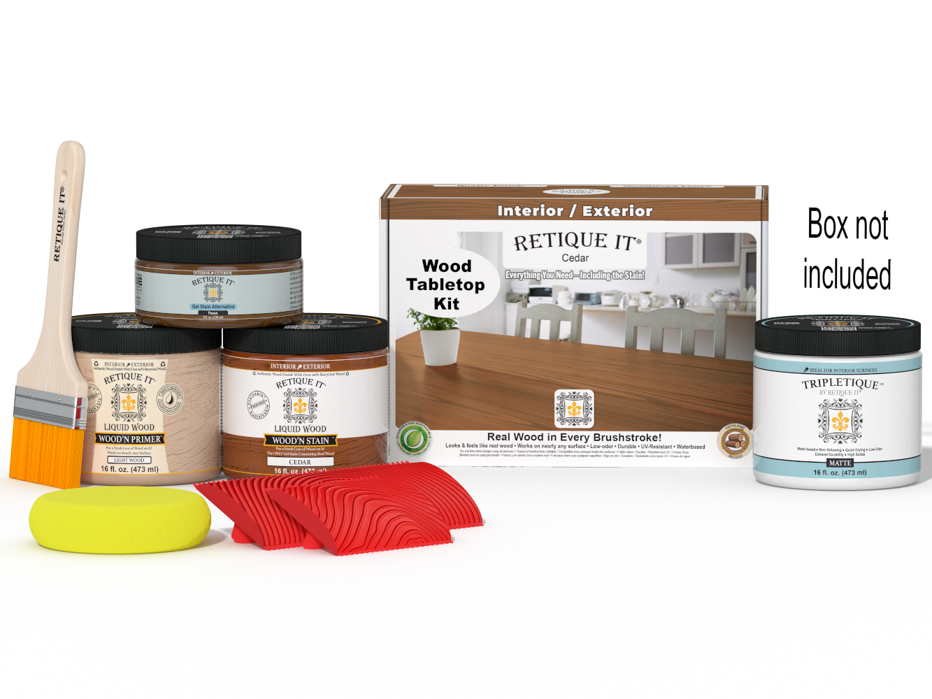 Retique It® Wood'n Finish Kit in cedar for tabletops, featuring stain and finishing products in double size package.
