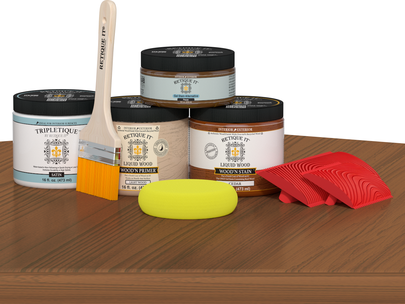 Retique It® Wood'n Finish Kit in cedar for tabletops, featuring stain bottles and application tools for wood finishing.