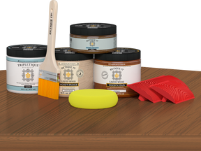 Retique It® Wood'n Finish Kit in cedar for tabletops, featuring stain bottles and application tools for wood finishing.