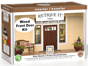 Retique It Wood'n Finish cedar front door kit with stain, featuring a natural wooden door with detailed grain.