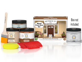 Retique It Wood'n Finish Cedar front door kit with stain, showing the door's natural cedar wood grain and included finishing supplies.