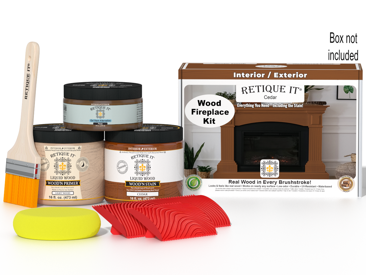 Retique It® Fireplace Wood'n Finish Kit in Cedar, full fireplace stain set with wood finish and application tools.