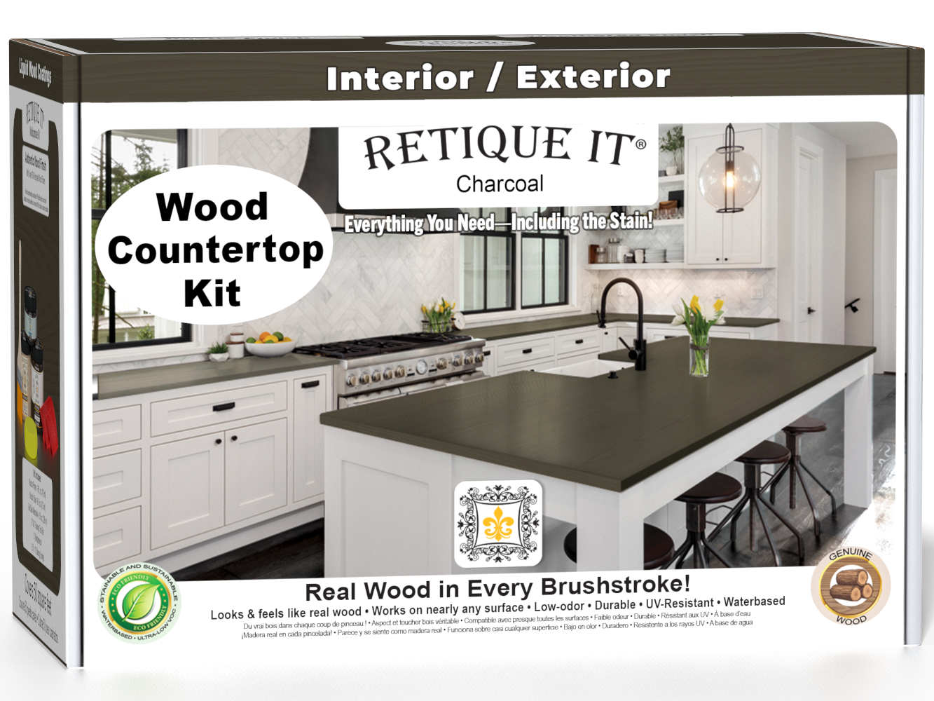 Retique It® charcoal countertop kit for kitchen islands, featuring stain samples and application tools in a 3D box display.