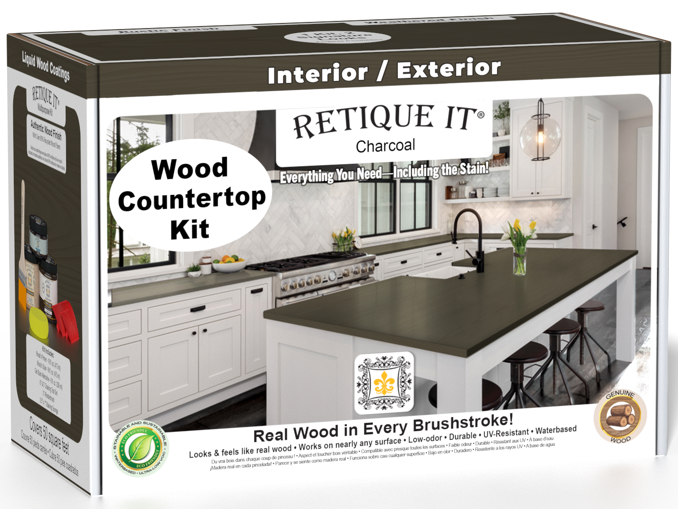 Retique It® charcoal countertop kit for kitchen islands, featuring stain application on a modern kitchen island surface.