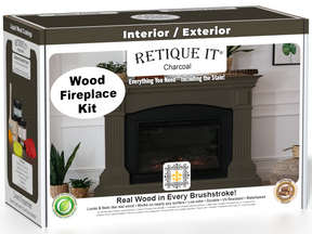 Retique It® Fireplace Wood'n Finish Kit in charcoal stain, full fireplace application with stain bottles and finishing tools.