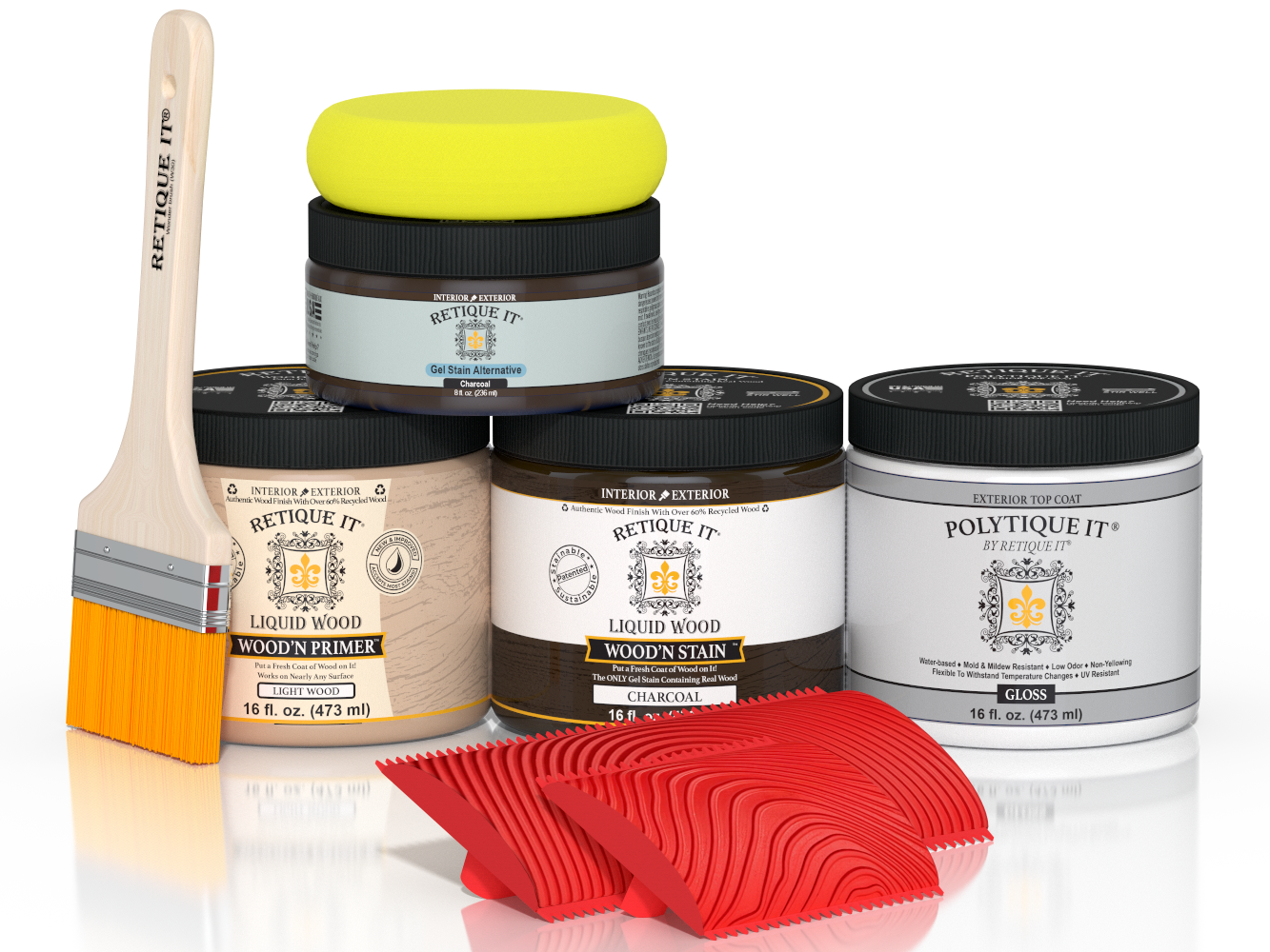 Retique It® Wood'n Kit Medium Charcoal exterior top coat in a glossy finish with a wooden palette and applicator brush.