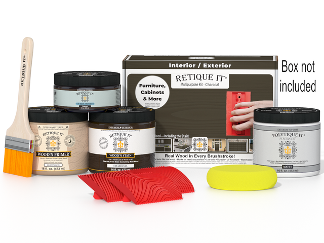 Retique It Wood'n Finish Kit Med Charcoal exterior top coat in a box, includes tools and materials for wood finishing projects.