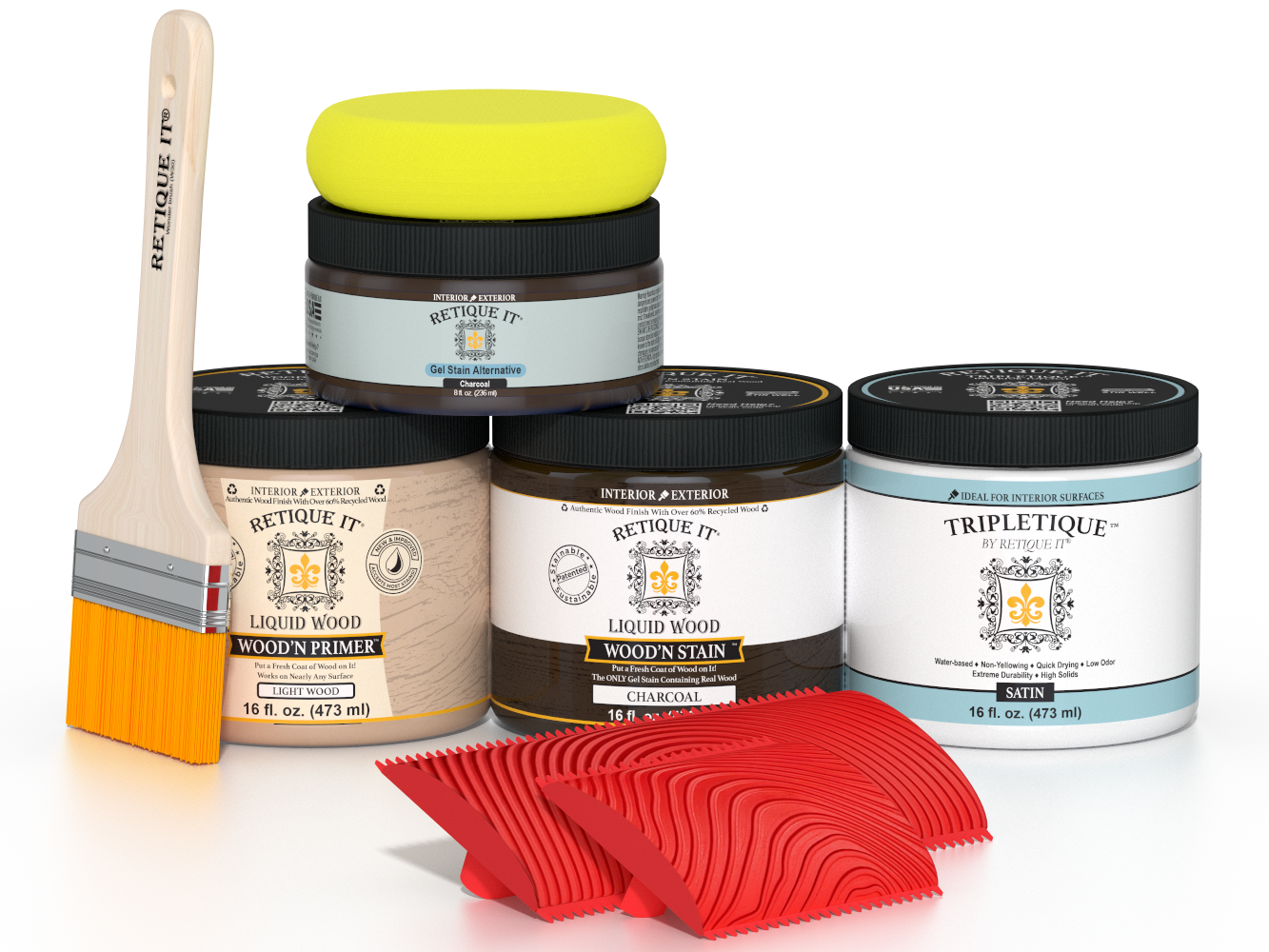 Retique It® Wood'n Finish Kit in Medium Charcoal for interior top coat, featuring wood finish application tools and satin sheen.