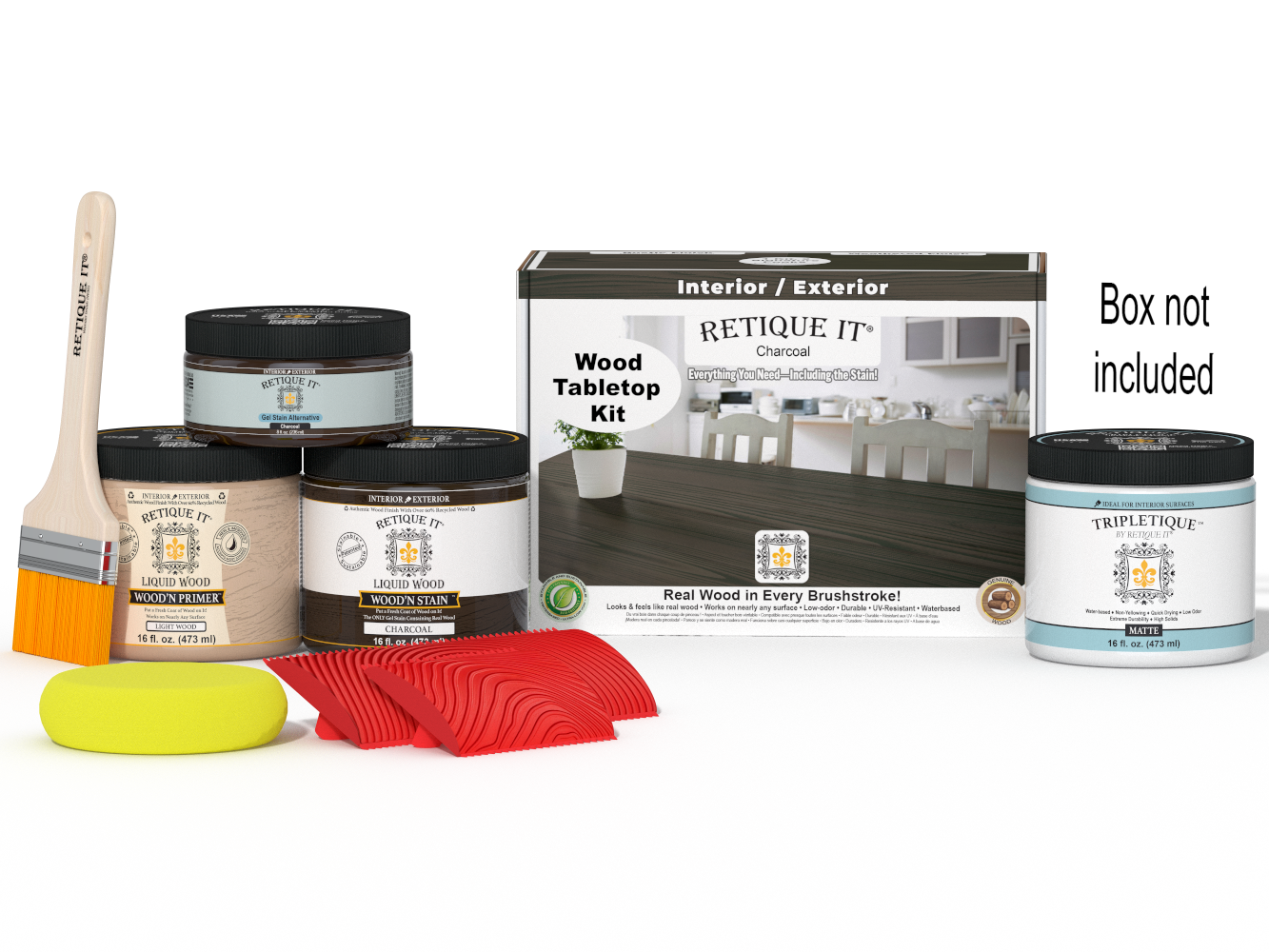 Retique It® Wood'n Finish Kit double size in Charcoal stain, featuring staining tools and supplies for wood finishing projects.
