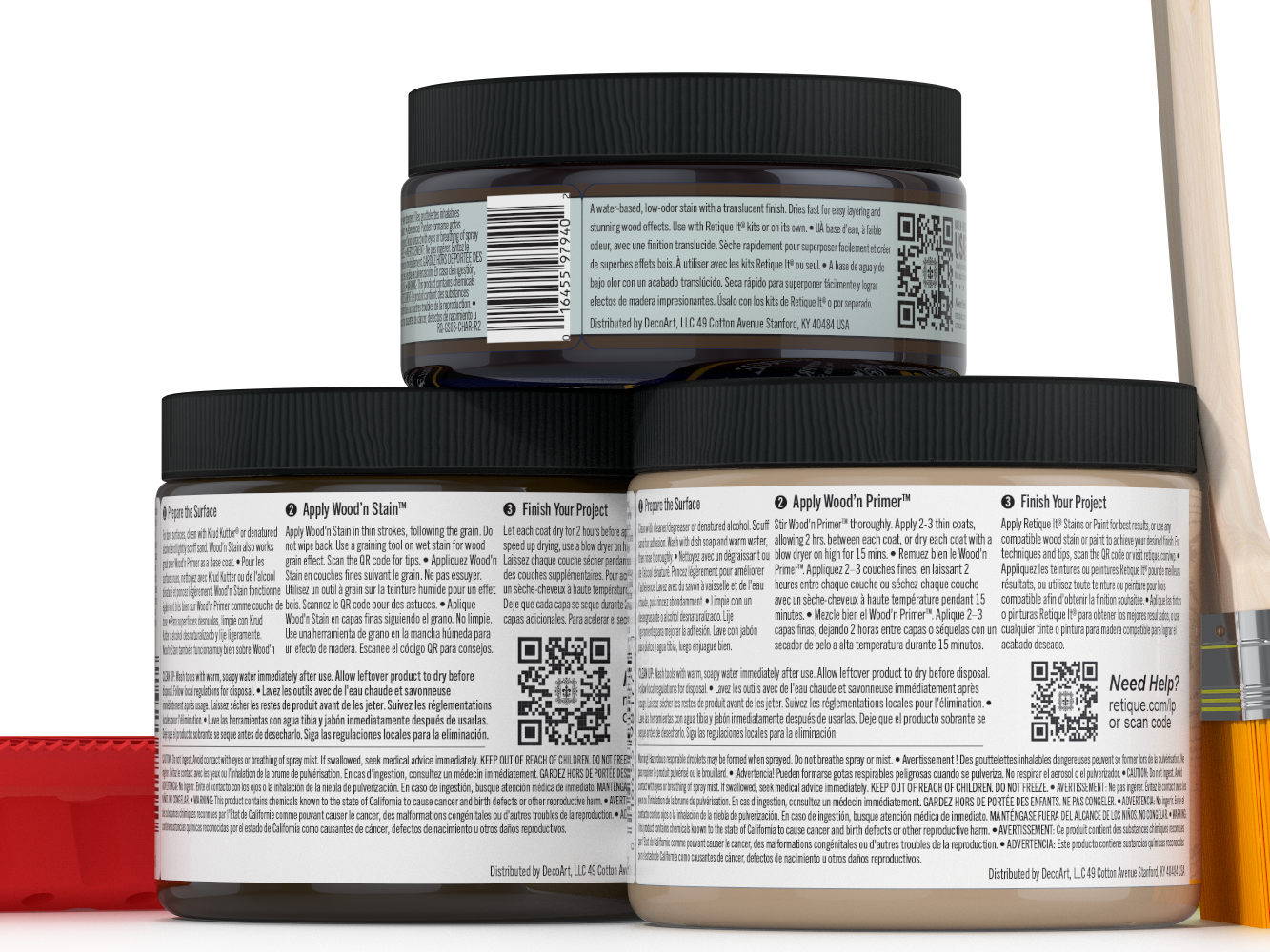 Three jars of wood finish product with labels and a paintbrush on a white background