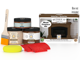Retique It Fireplace Wood'n Finish Kit for full fireplace in Vintage Cherry stain, showing the stained wood and finishing tools.