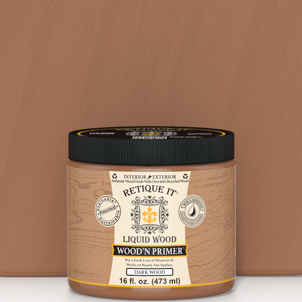 Retique It® Liquid Wood Wood'n Primer in dark wood shade, 16 fl oz, shown as a color swatch for priming surfaces with dark wood finish.